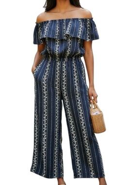 Hint Of Blush Navy Floral Off The Shoulder Palazzo Jumpsuit Romper Medium